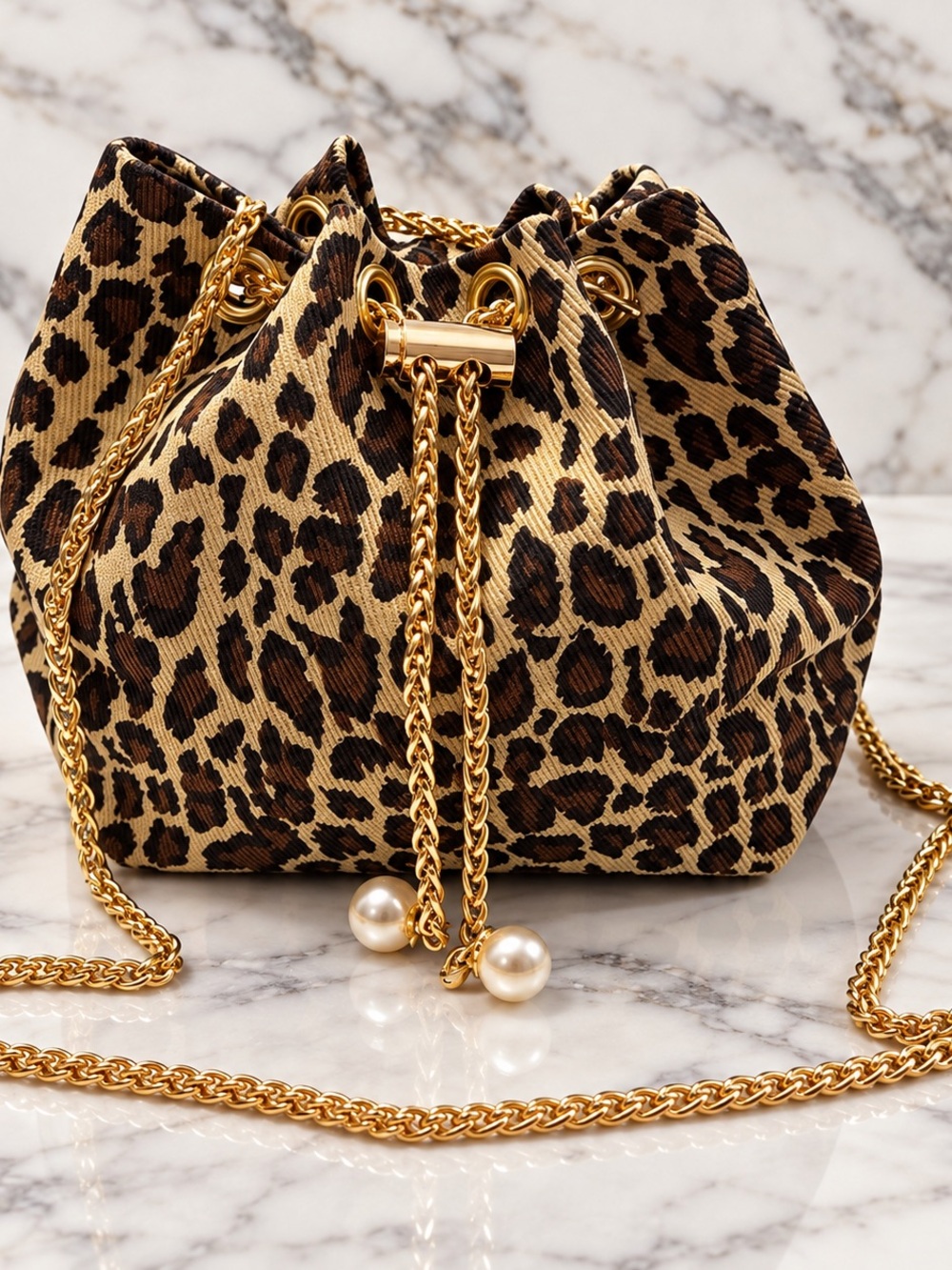 Leopard Print Mini Bucket Crossbody Bag Gold Chain Pearl Drawstring 6x6x3